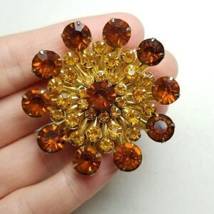 Vintage Yellow and Dark Orange Rhinestone Cluster Floral Flower Brooch 60s Style